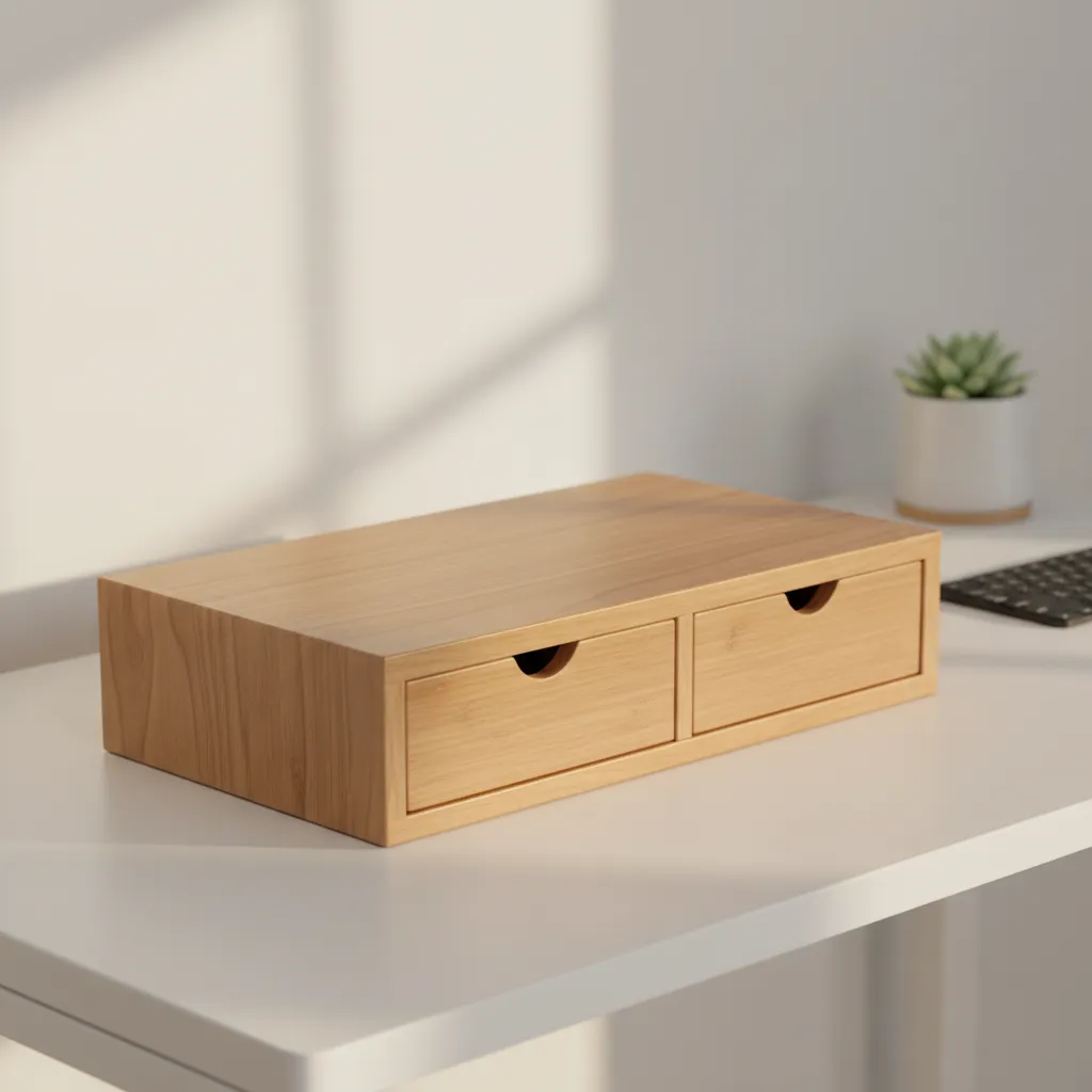 Solid bamboo monitor riser with two storage drawers