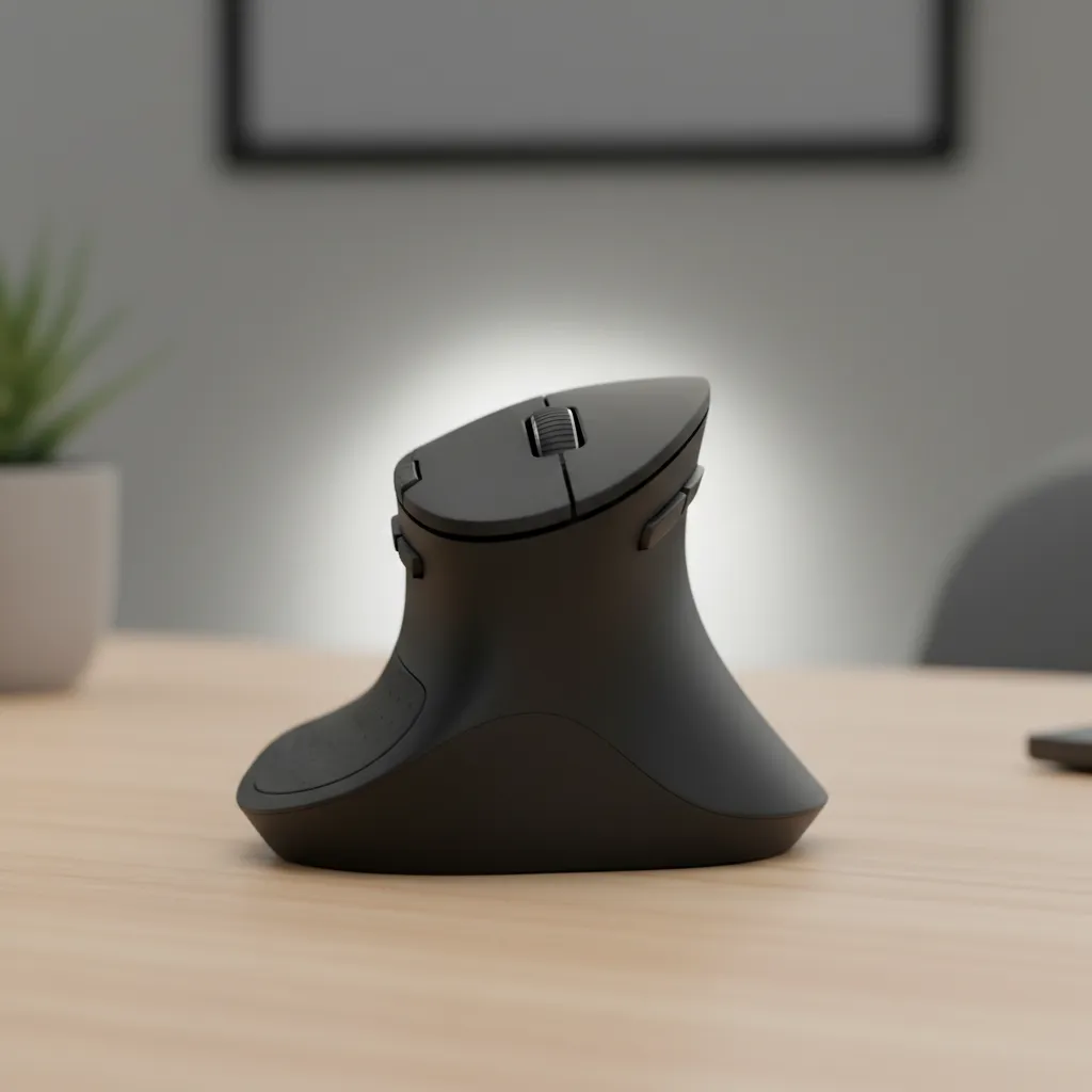 Black ergonomic vertical wireless mouse on a desk